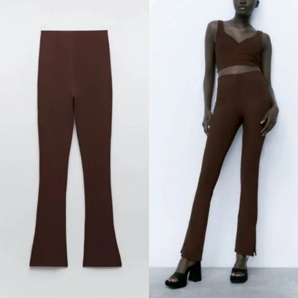 Zara Brown Ribbed Flared Pants Size S - Picture 1 of 9